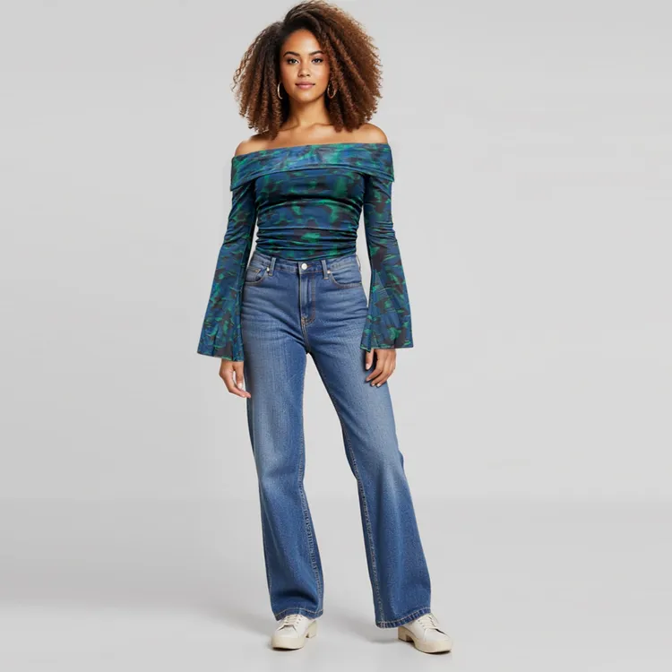 Blue Printed Off shoulder full sleeves top