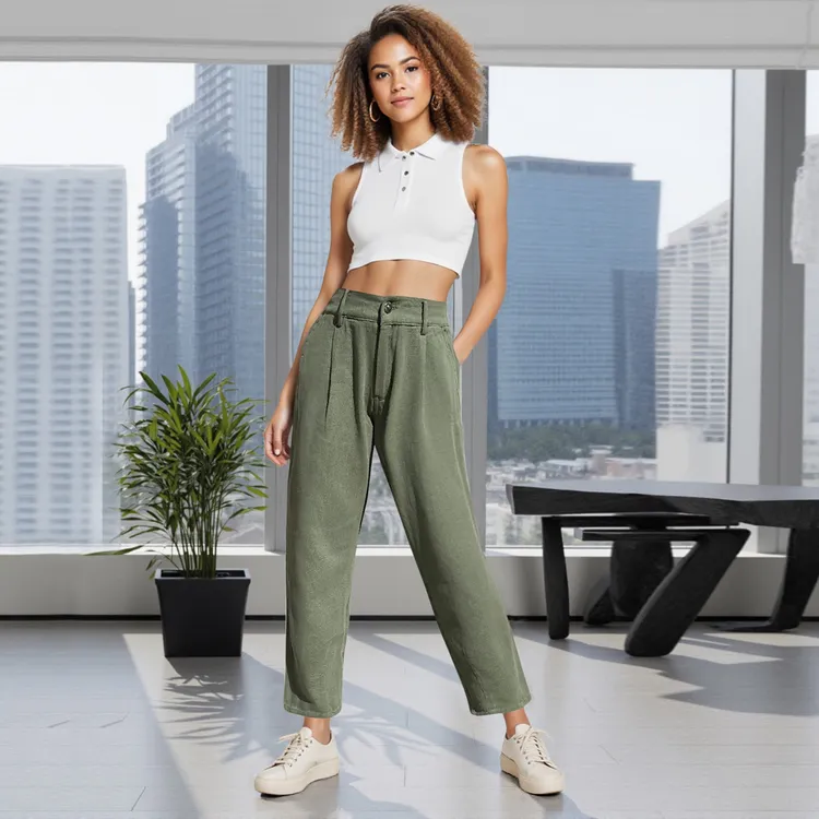 Women Olive High-Waisted Pleated Jean Pants