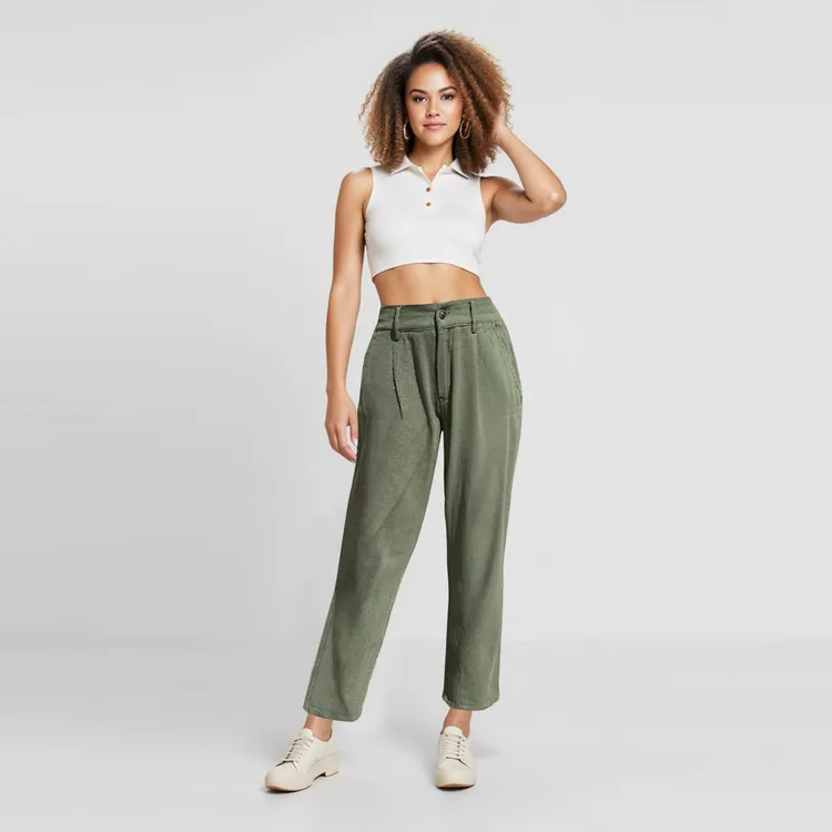 Women Olive High-Waisted Pleated Jean Pants
