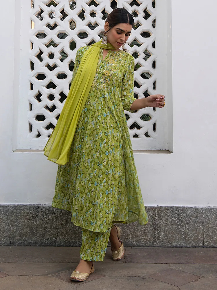 Lime Green Georgette Yoke Embroidery Anarkali Kurta Set
