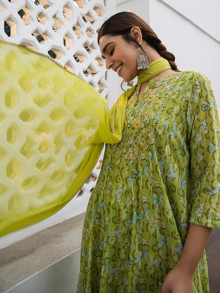 Lime Green Georgette Yoke Embroidery Anarkali Kurta Set