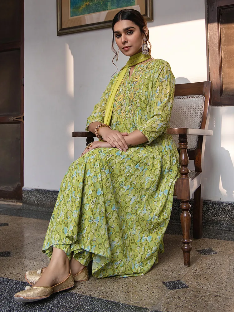 Lime Green Georgette Yoke Embroidery Anarkali Kurta Set