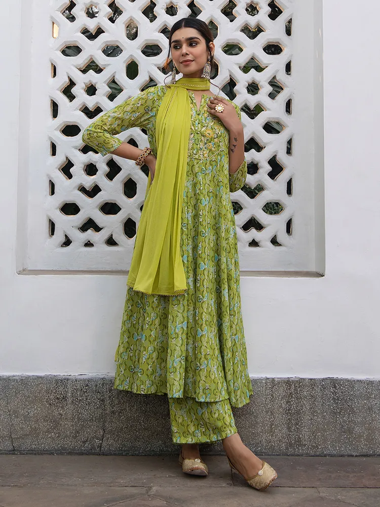 Lime Green Georgette Yoke Embroidery Anarkali Kurta Set