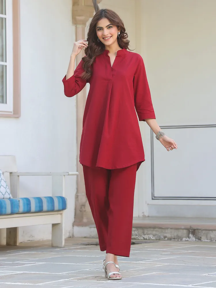 Maroon Cotton Solid A-line Co-ord Set