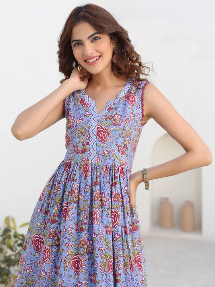 Blue Pure Cotton Floral Printed A-line Kurta Pant Set