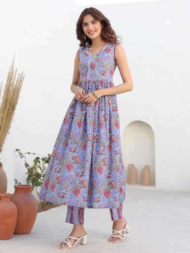 Blue Pure Cotton Floral Printed A-line Kurta Pant Set
