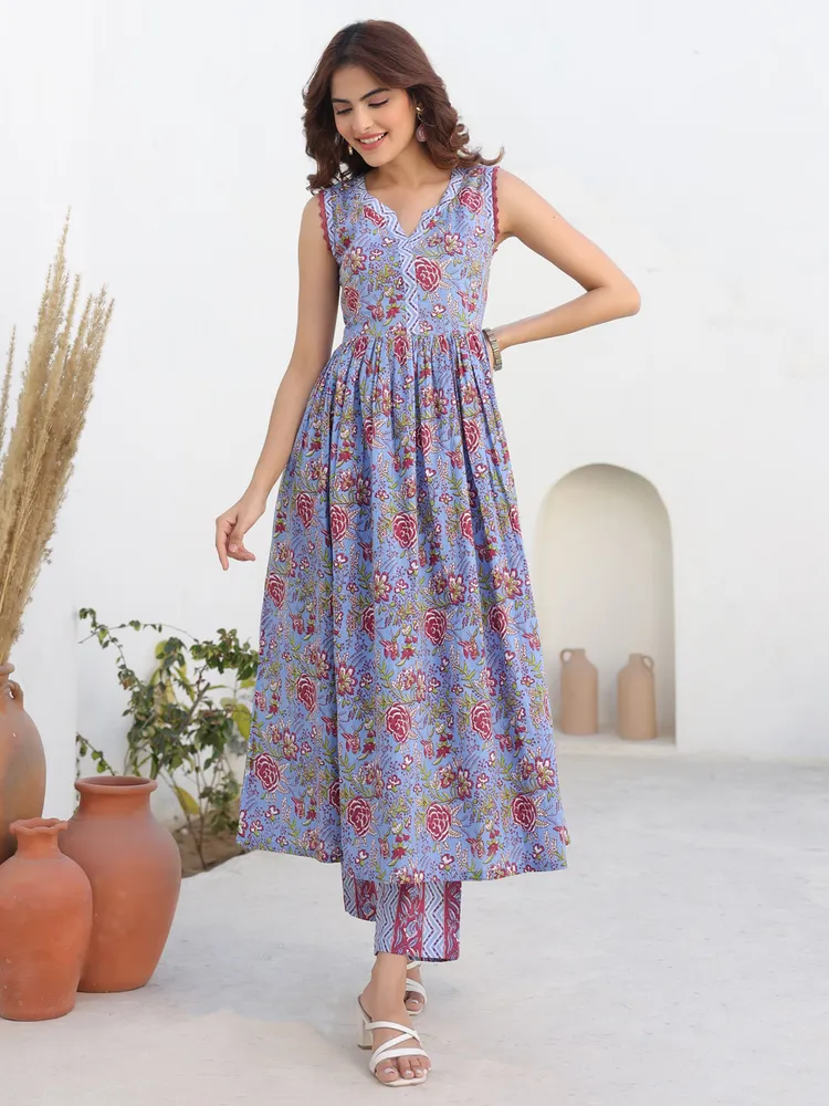 Blue Pure Cotton Floral Printed A-line Kurta Pant Set