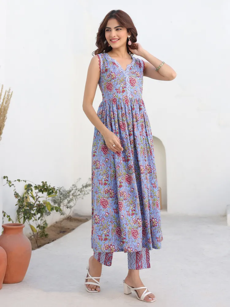 Blue Pure Cotton Floral Printed A-line Kurta Pant Set