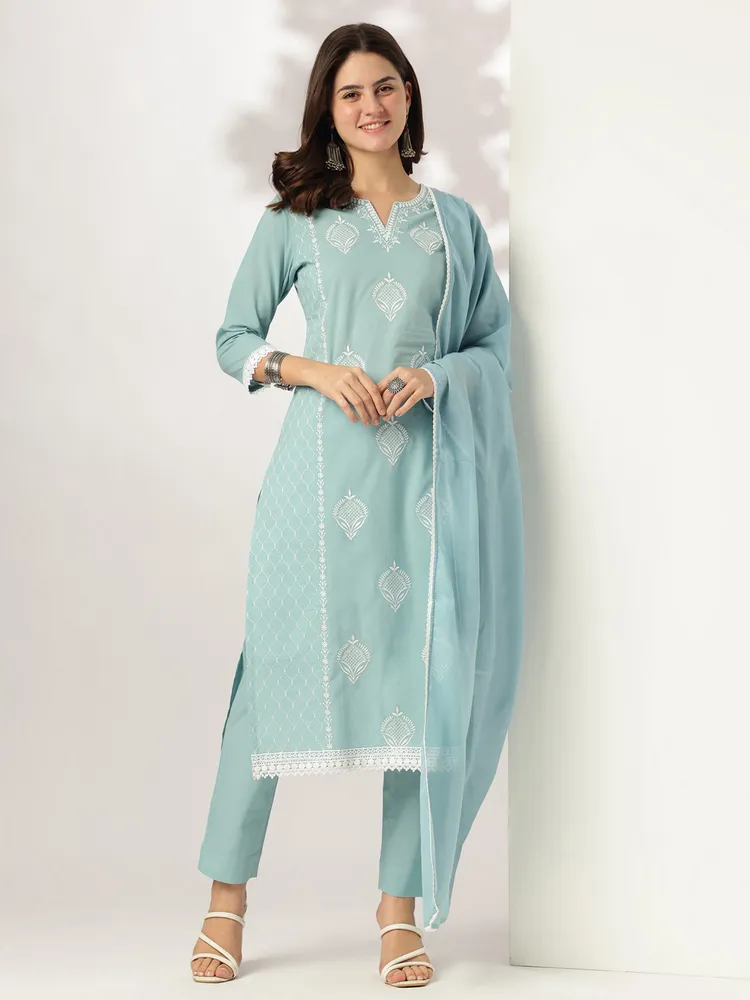 Janasya Women's Light Blue Pure Cotton Embroidered Straight Kurta Set