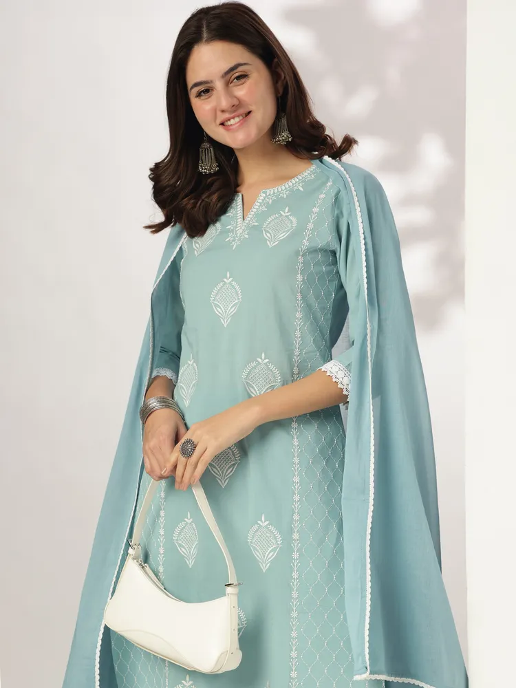 Janasya Women's Light Blue Pure Cotton Embroidered Straight Kurta Set
