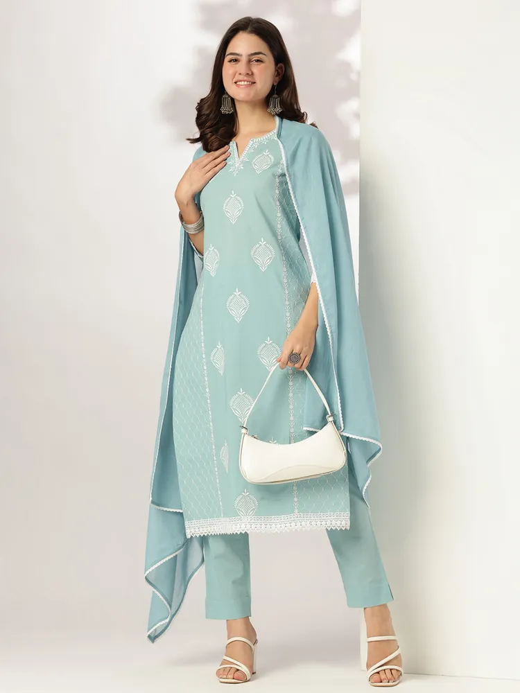 Janasya Women's Light Blue Pure Cotton Embroidered Straight Kurta Set