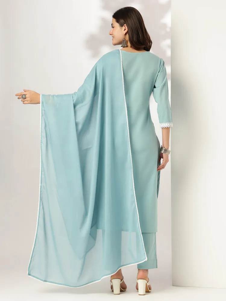 Janasya Women's Light Blue Pure Cotton Embroidered Straight Kurta Set