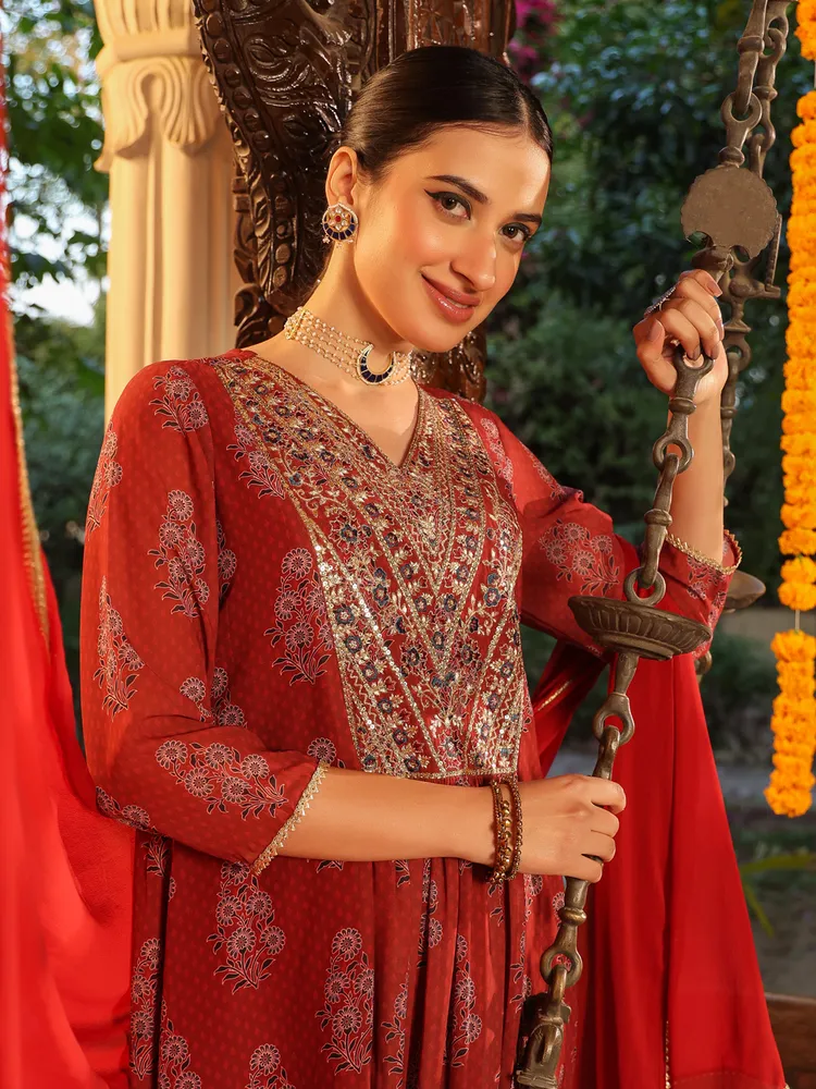 Janasya Women's Maroon Georgette Yoke Embroidered Ajrakh Printed A-line Kurta Set