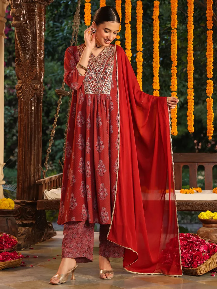 Janasya Women's Maroon Georgette Yoke Embroidered Ajrakh Printed A-line Kurta Set