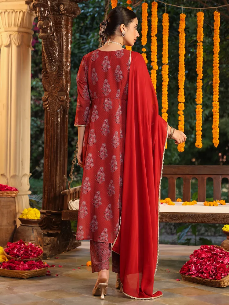 Janasya Women's Maroon Georgette Yoke Embroidered Ajrakh Printed A-line Kurta Set