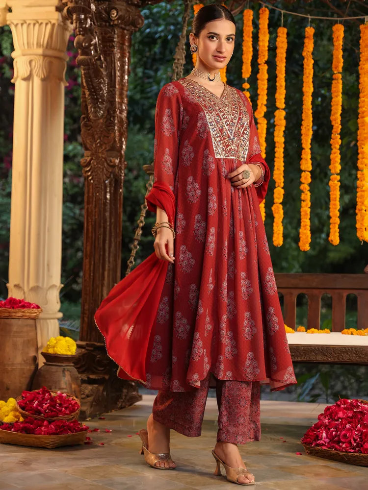 Janasya Women's Maroon Georgette Yoke Embroidered Ajrakh Printed A-line Kurta Set