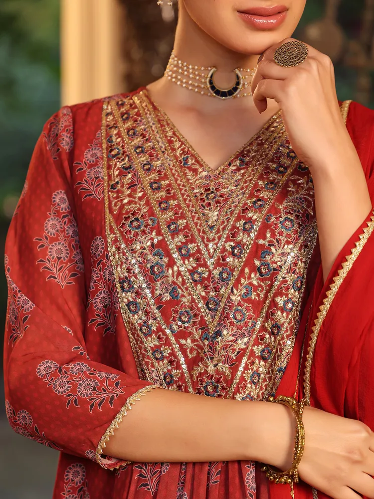 Janasya Women's Maroon Georgette Yoke Embroidered Ajrakh Printed A-line Kurta Set