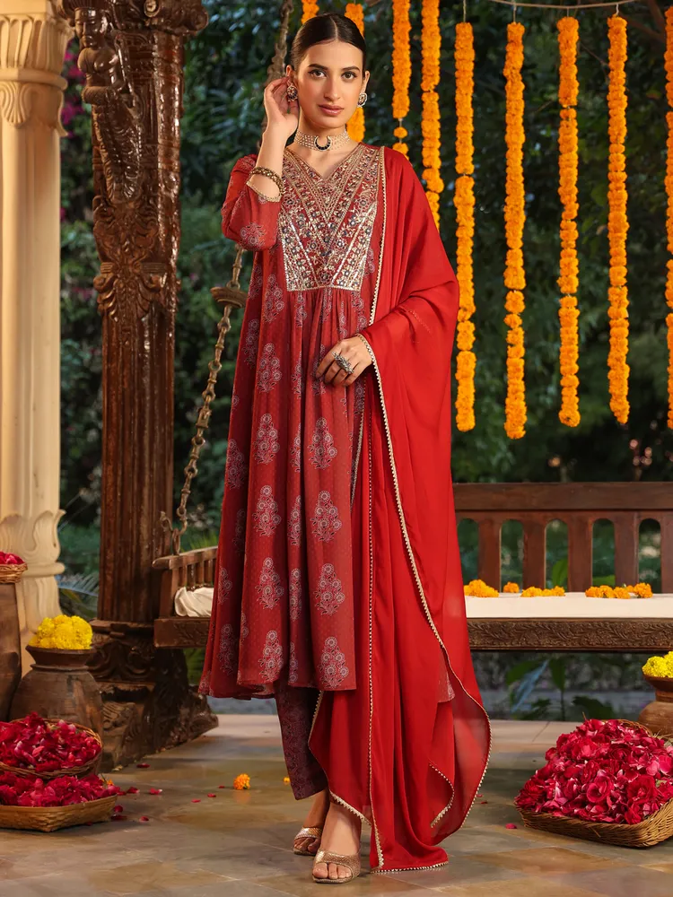 Janasya Women's Maroon Georgette Yoke Embroidered Ajrakh Printed A-line Kurta Set