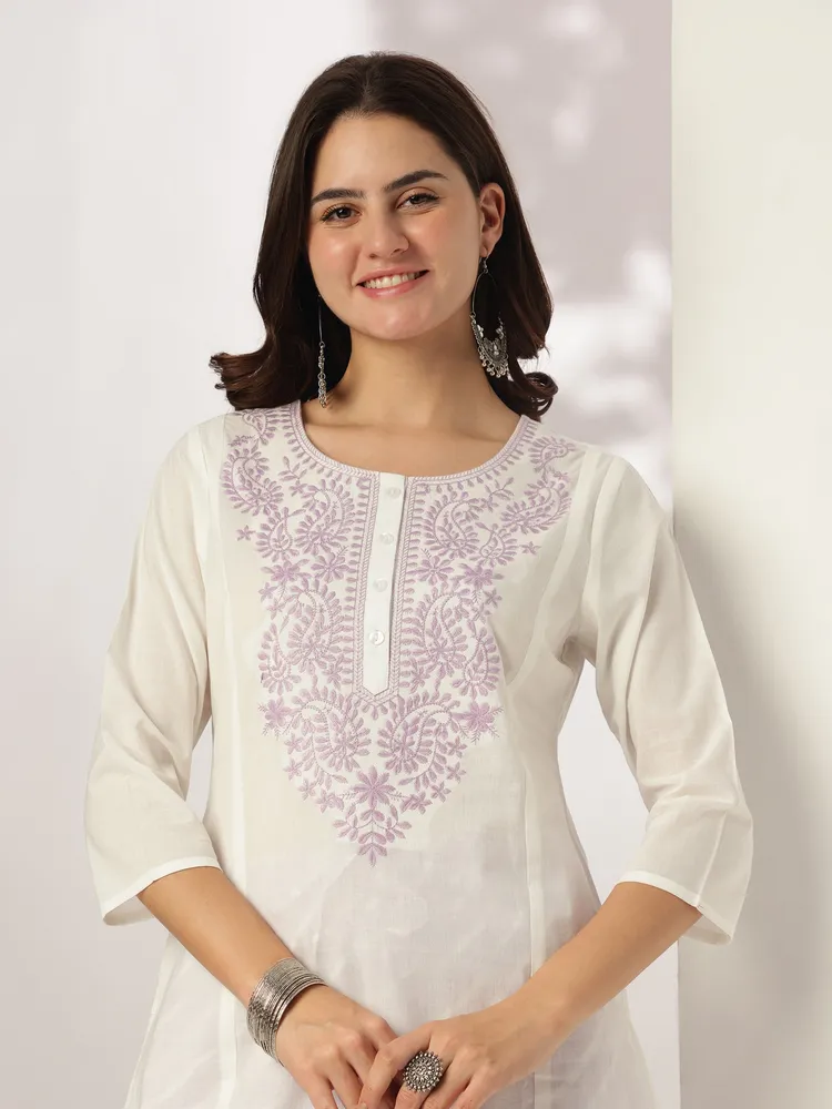 Janasya Women's White & Lavender Pure Cotton Yoke Embroidered Straight Kurta Set