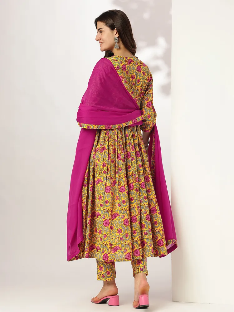 Janasya Women's Yellow Pure Cotton Floral Printed Angrakha Kurta Set