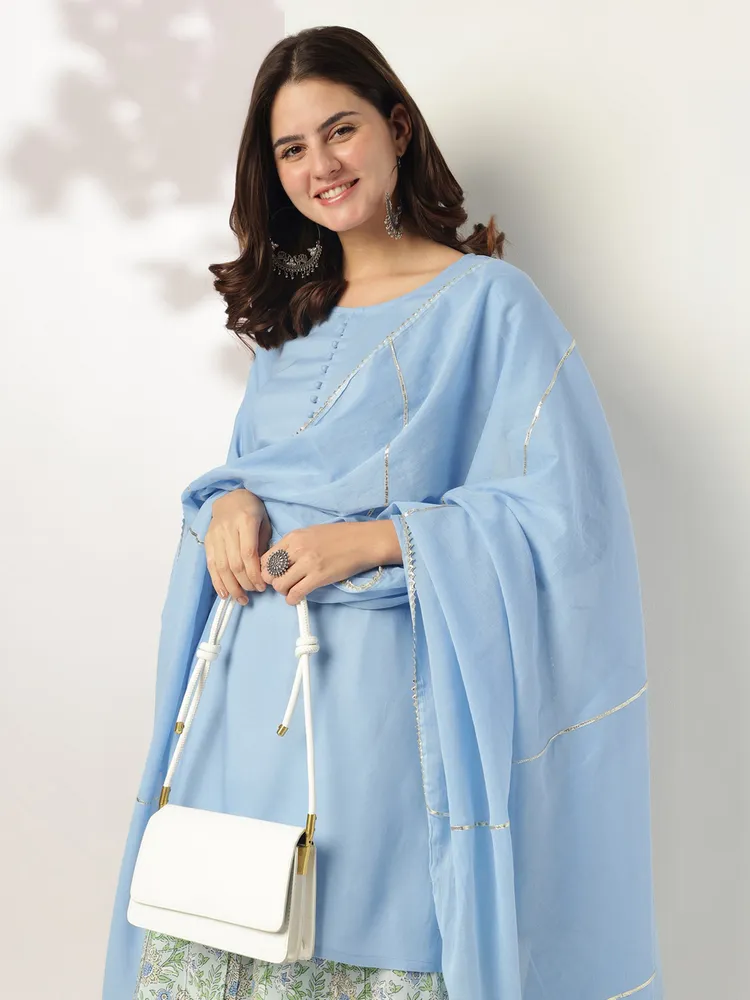 Janasya Women's Light Blue Pure Cotton Solid Straight Kurta With Printed Sharara Set