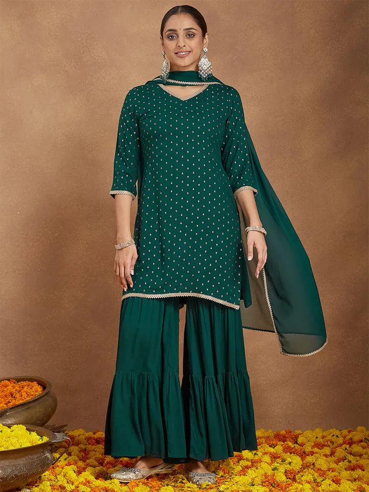 Janasya Women's Dark Green Rayon Embellished Foil Printed Kurta With Sharara & Dupatta Set