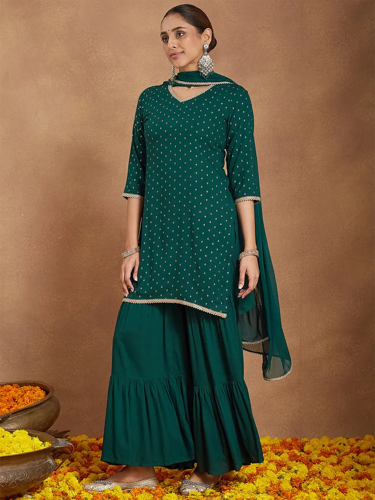 Janasya Women's Dark Green Rayon Embellished Foil Printed Kurta With Sharara & Dupatta Set