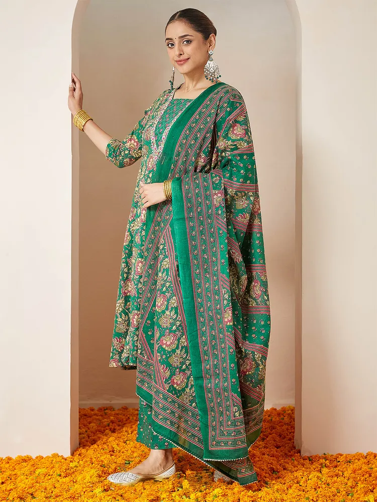 Janasya Women's Dark Green Pure Cotton Floral Printed Yoke Embroidered A-line Kurta Set