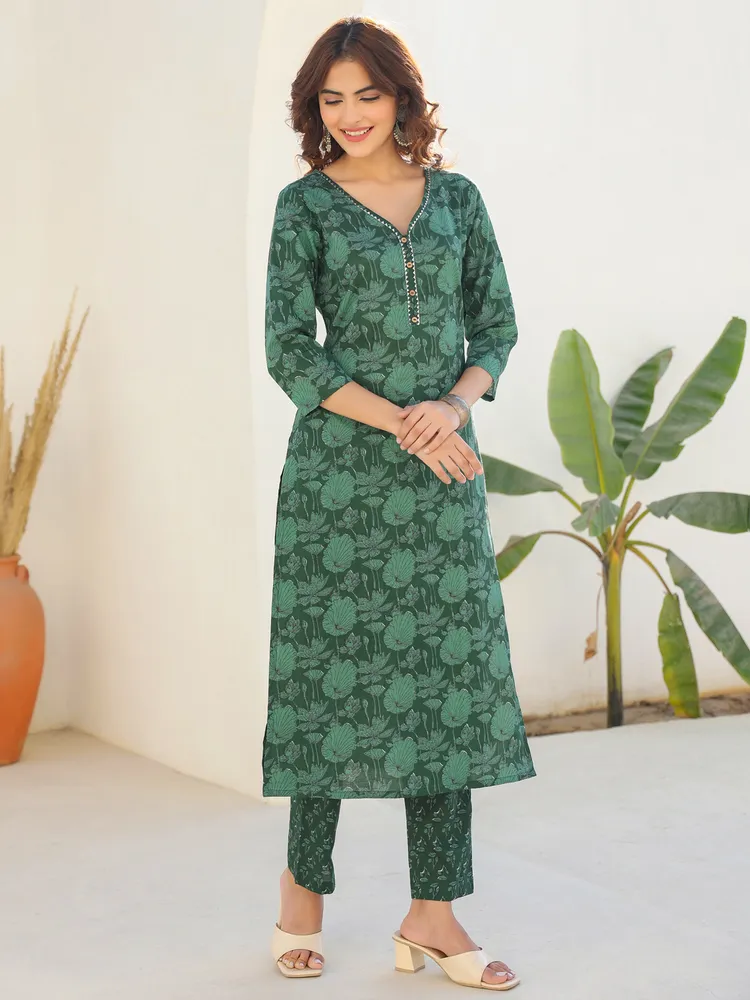 Janasya Women's Dark Green Pure Cotton Floral Printed Straight Kurta Pant Set