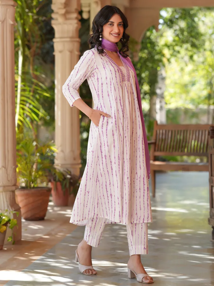 Janasya Women's White Pure Cotton Tie & Dye A-line Kurta Set