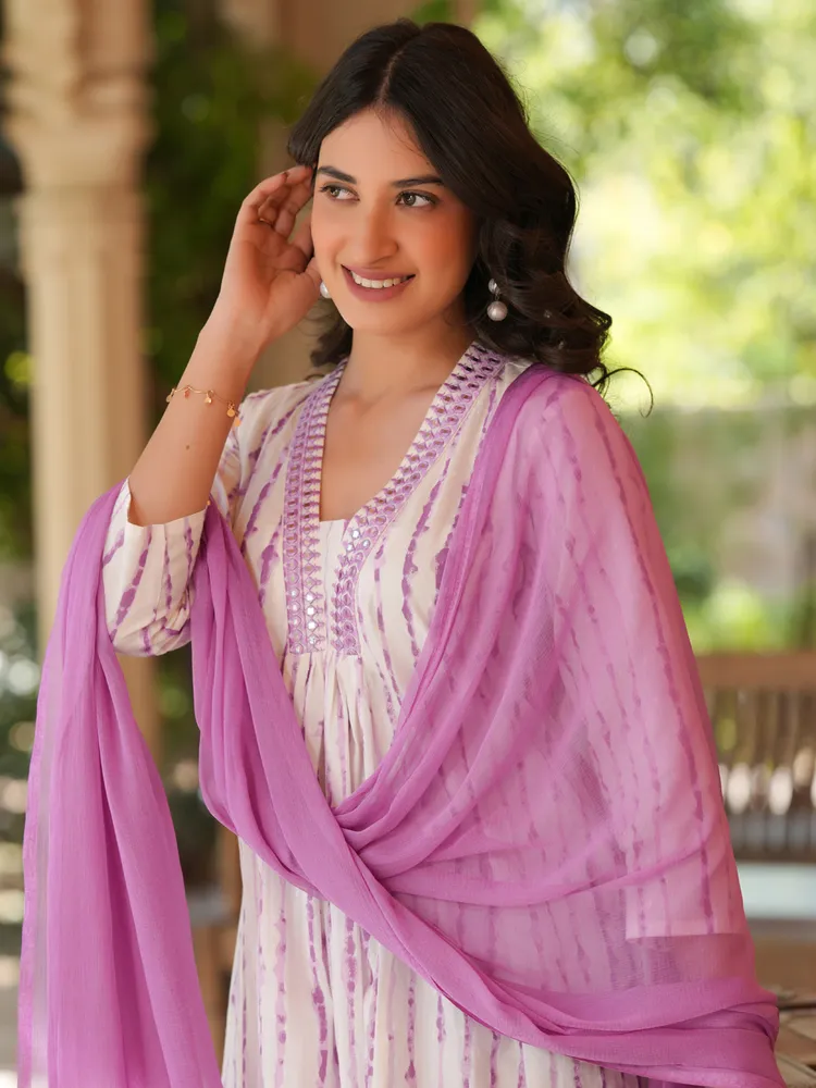 Janasya Women's White Pure Cotton Tie & Dye A-line Kurta Set