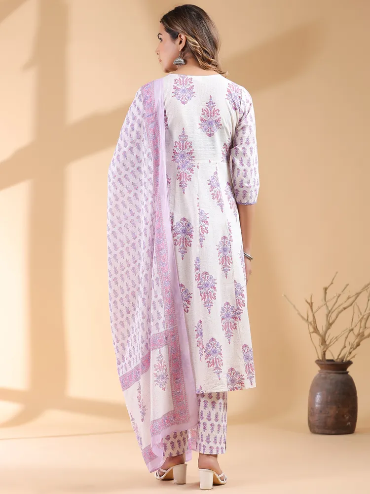 Janasya Women's White Pure Cotton Floral Printed Angrakha Kurta Set