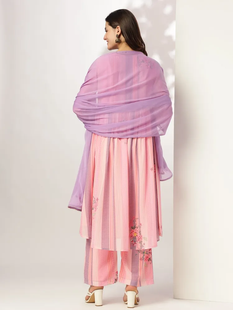 Janasya Women's Pink Georgette Floral Embroidered A-line Kurta Set