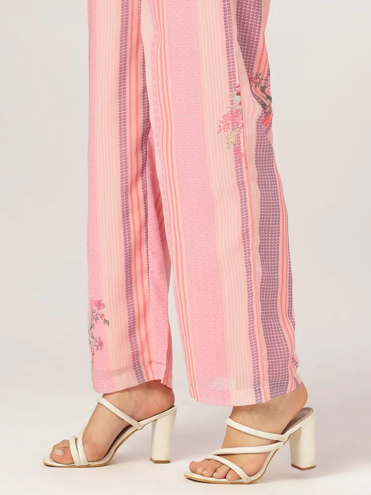 Janasya Women's Pink Georgette Floral Embroidered A-line Kurta Set