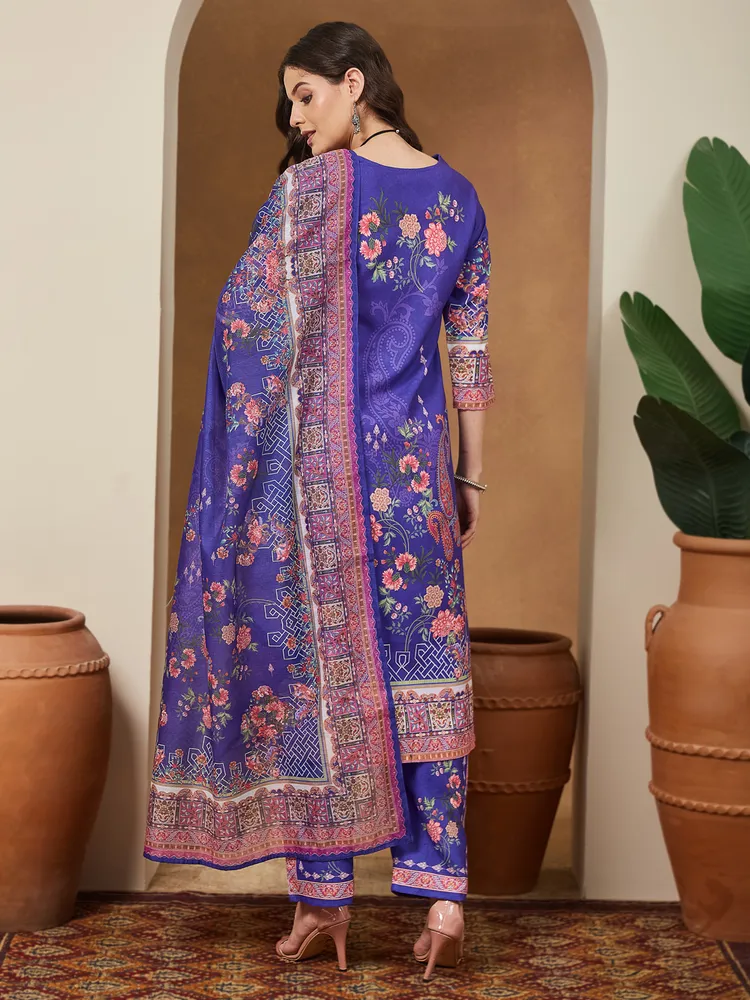 Janasya Women's Purple Cotton Blend Floral Printed Straight Kurta Set