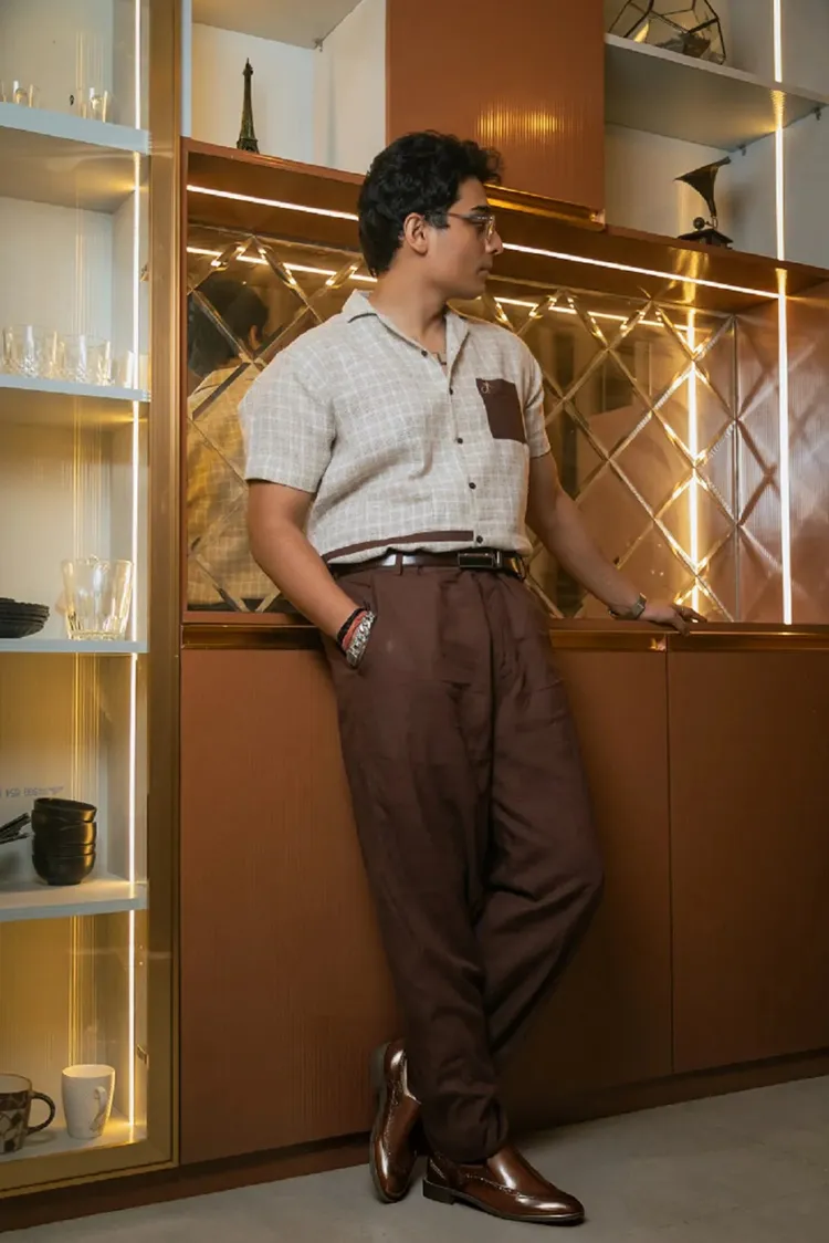 Light Grey Designer Jute Colourblock Dark Grey Detailing Linen Shirt