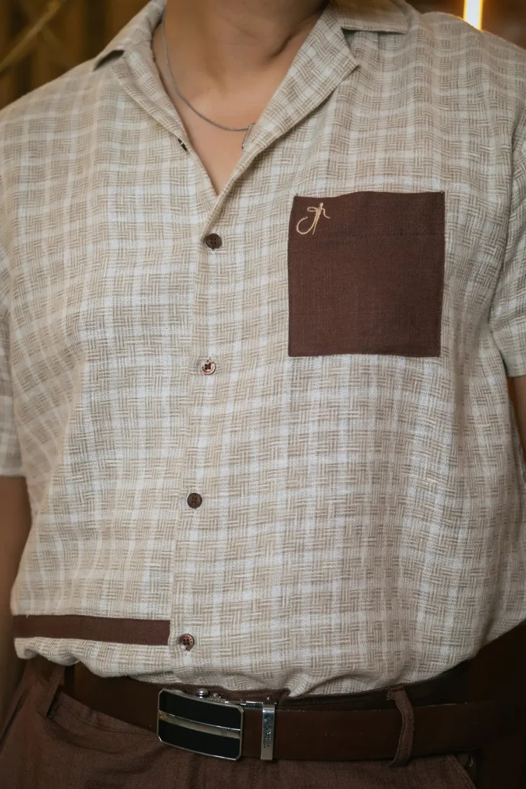 Light Grey Designer Jute Colourblock Dark Grey Detailing Linen Shirt