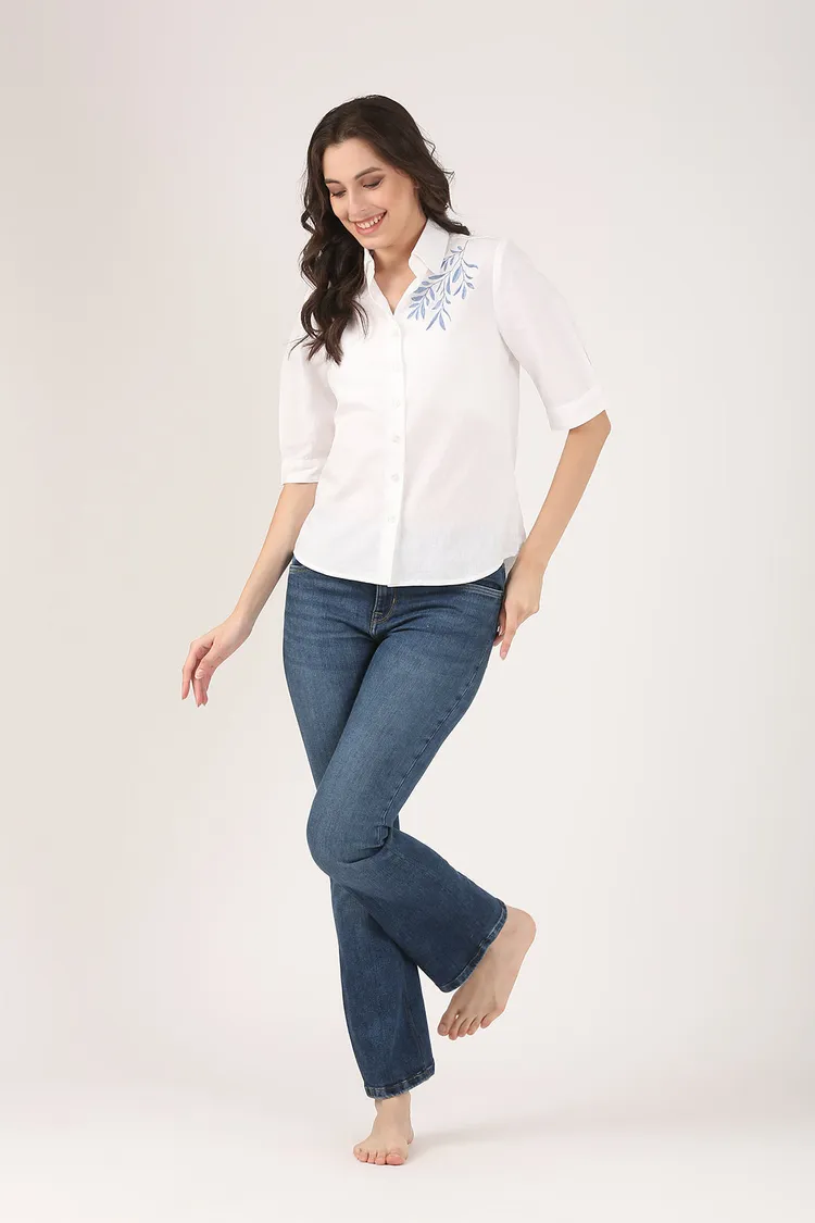 White Linen Shirt with Blue Shoulder Embroidery