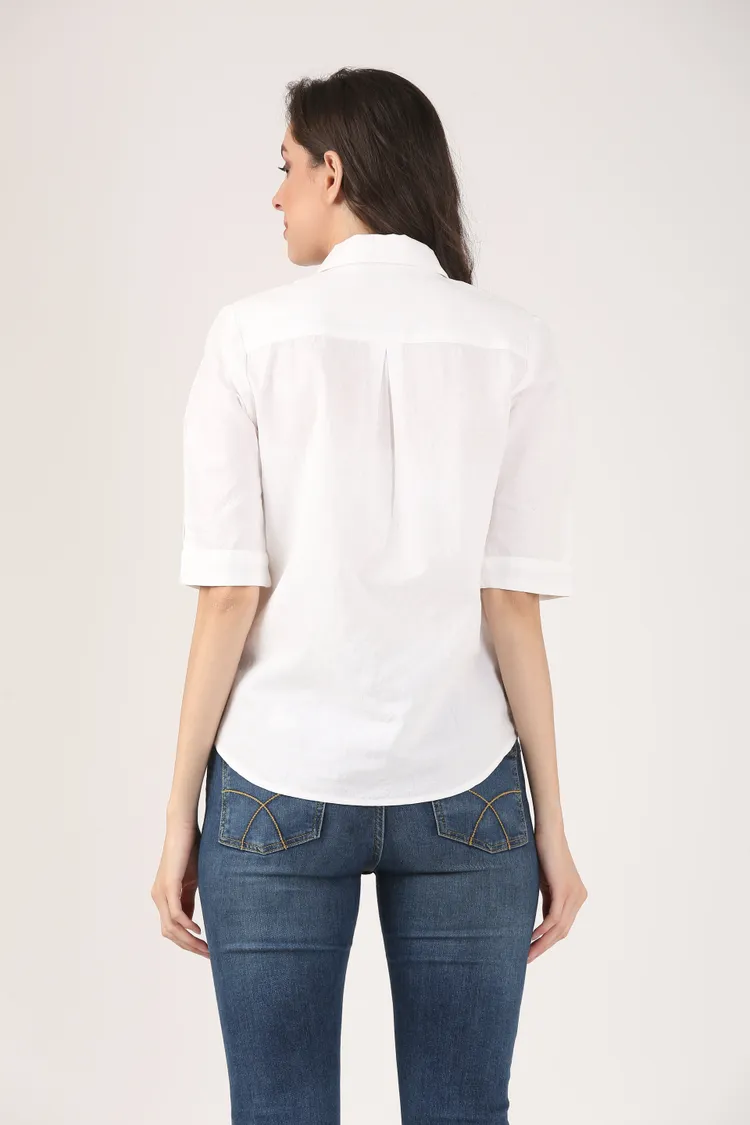 White Linen Shirt with Blue Shoulder Embroidery
