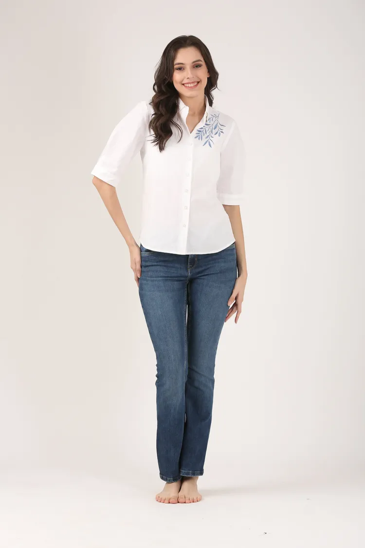 White Linen Shirt with Blue Shoulder Embroidery