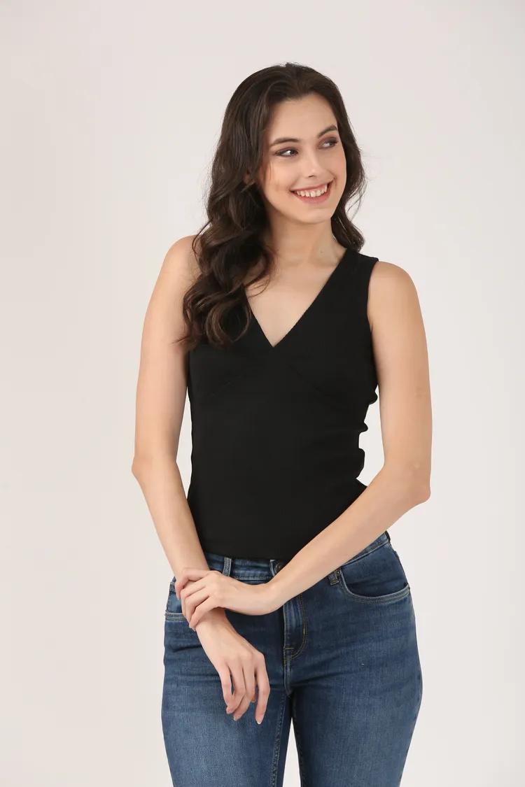 Soft Cotton Rib Elegant V Neck Black Top