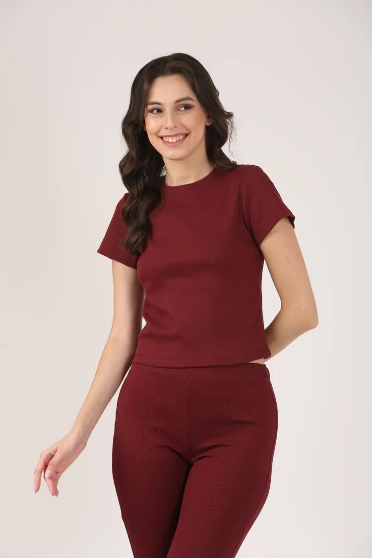 Soft Cotton Rib Short Sleeve Wine Top