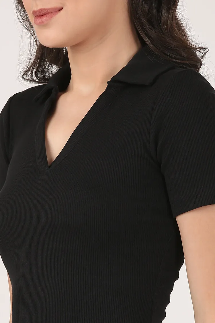 Soft Cotton Rib Contouring Black Bodycon Dress