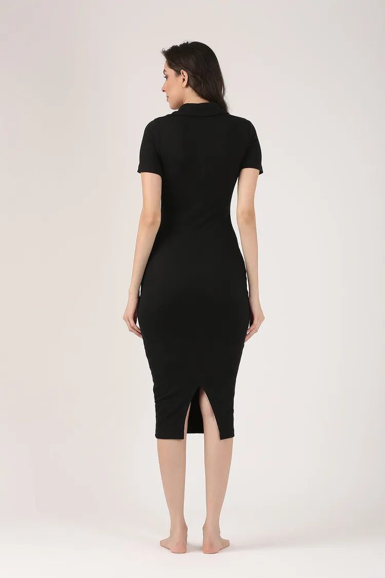 Soft Cotton Rib Contouring Black Bodycon Dress