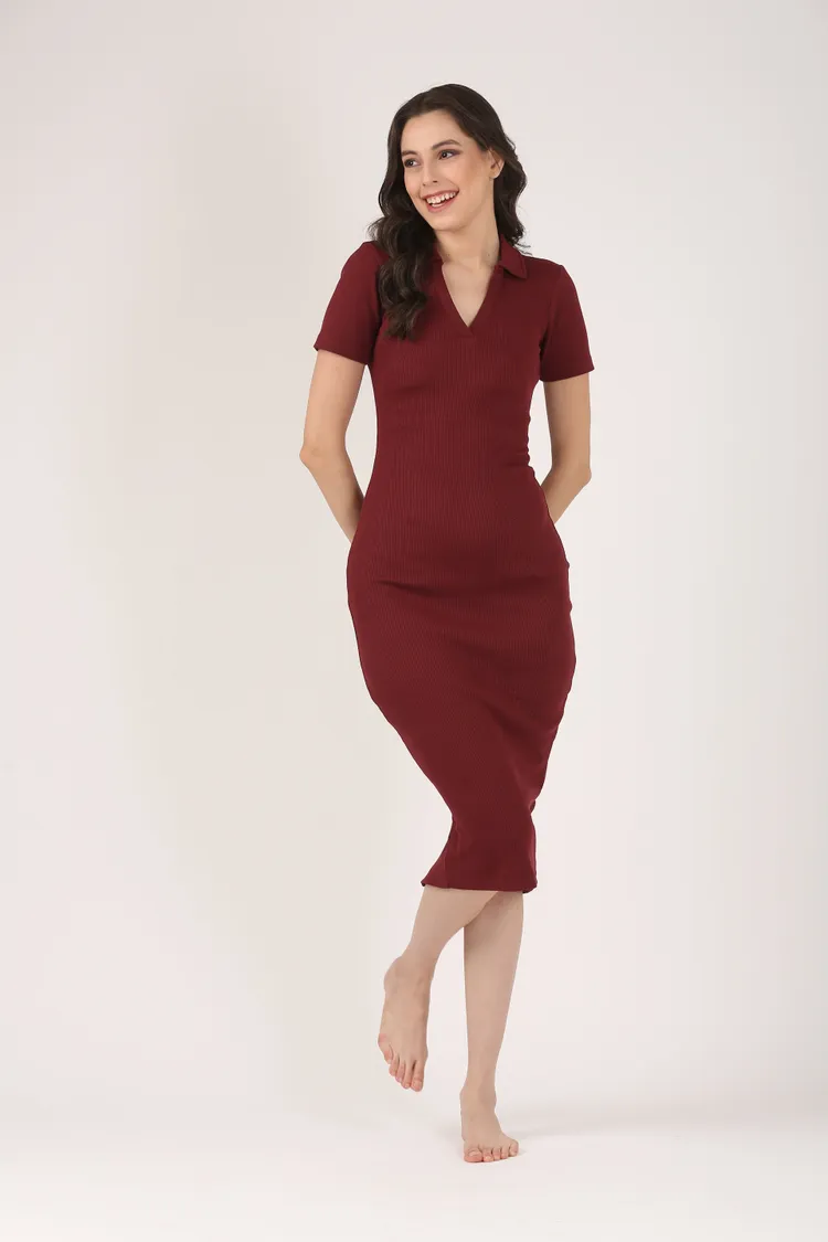 Soft Cotton Rib Contouring Wine Bodycon Dress