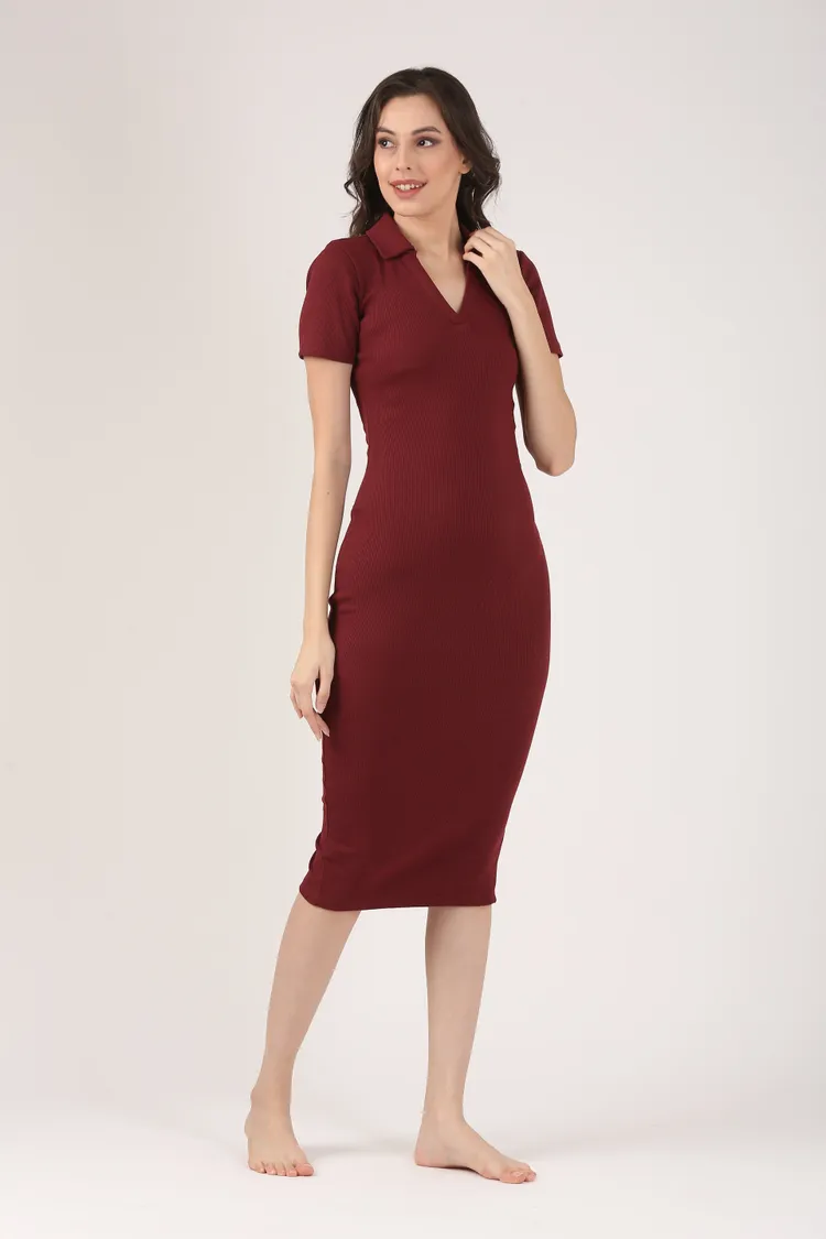 Soft Cotton Rib Contouring Wine Bodycon Dress
