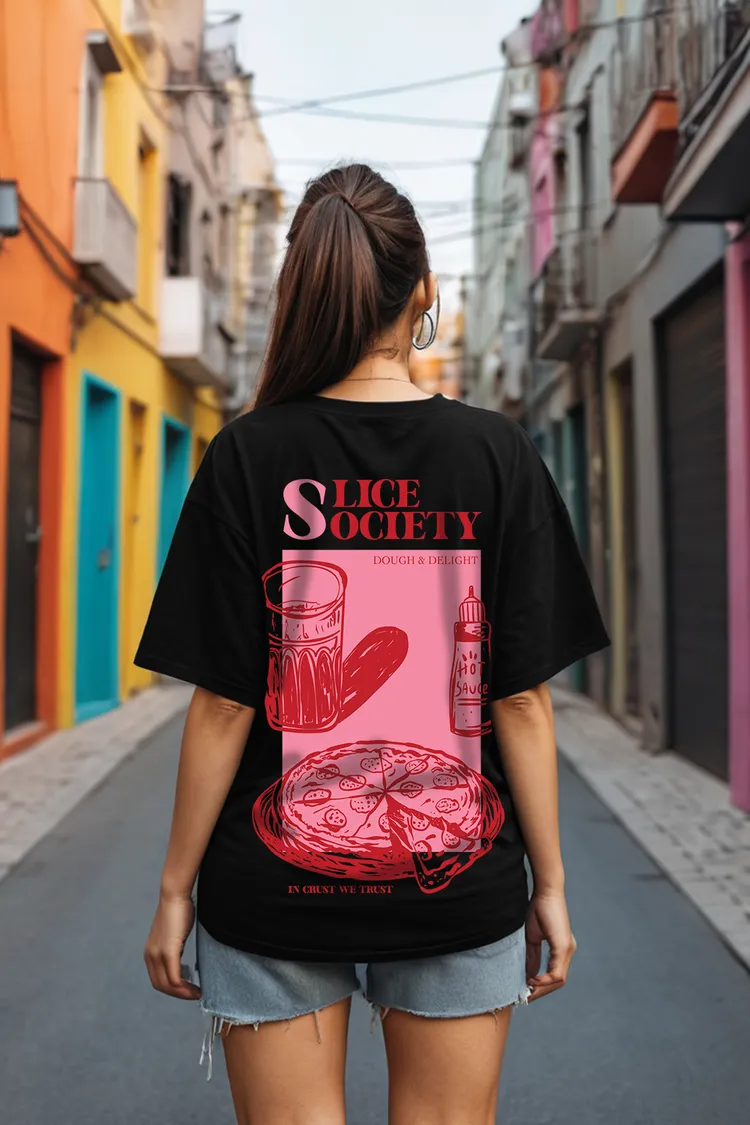 Pizza Black Oversized Graphic T-Shirt