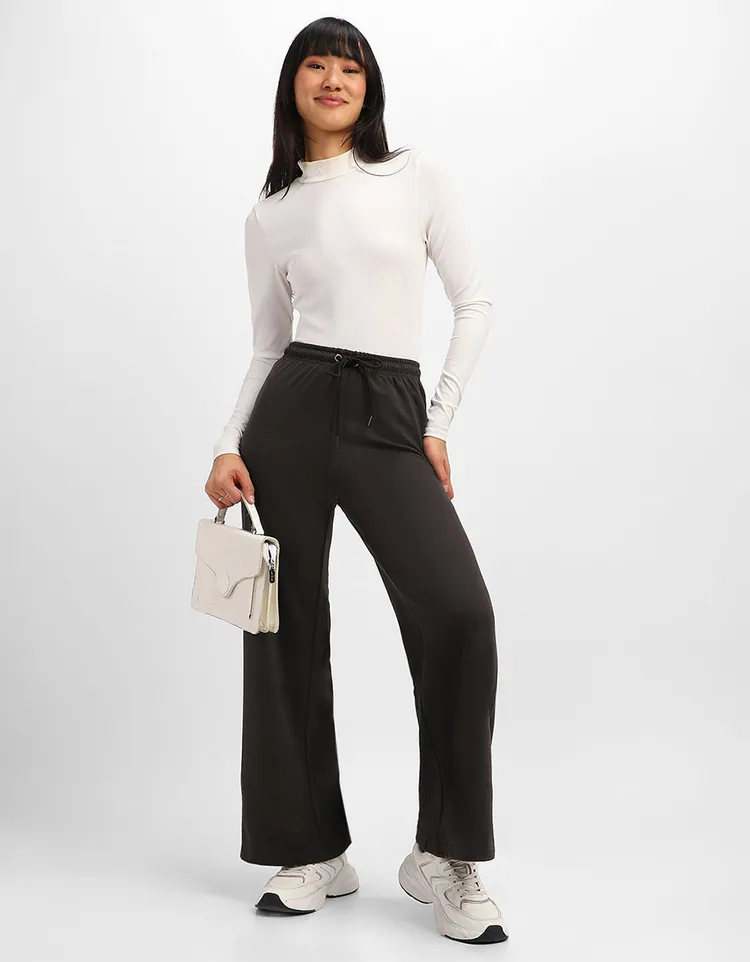 Brown Plain Wide Leg Track Pant