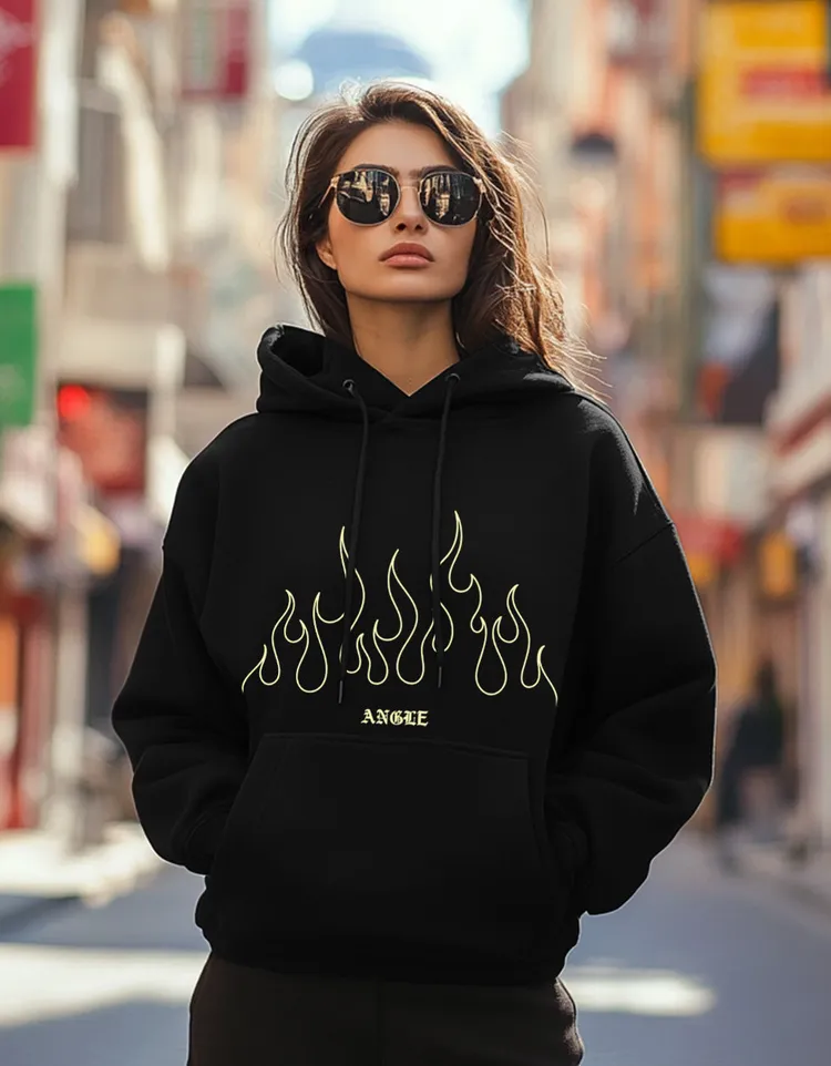 Angree Black Oversized Fit Graphic Hoodie