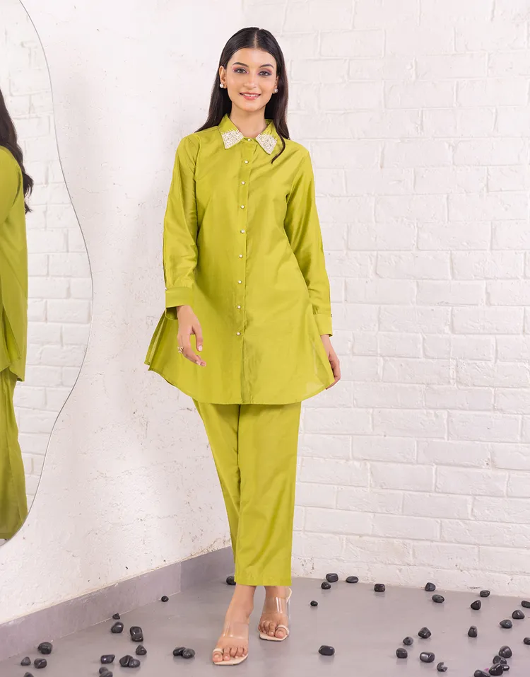 Pearl Embellished Parrot Green Tunic and Trouser Co-Ord Set